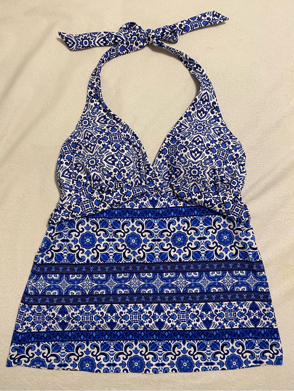 Lands End 8 Blue & White Print Tankini Swimsuit Halter Top